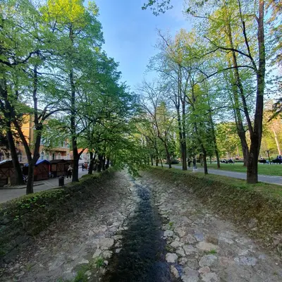 a cobblestone road in a park with trees at Zlatna iskra in Ruđinci
