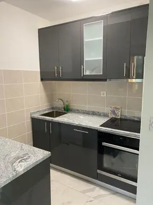 a kitchen with black cabinets and a sink at Apartman Stivi Deluxs 2 in Vrnjačka Banja