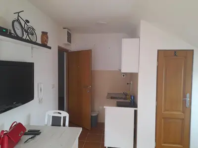 a room with a kitchen with a tv on the wall at Apartman Ilic in Vrnjačka Banja