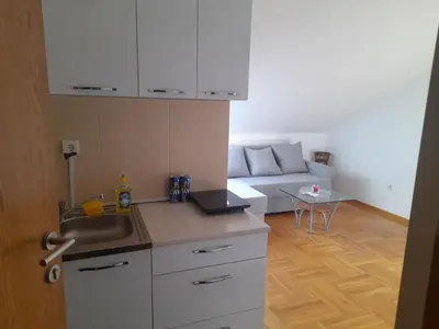 a kitchen with a sink and a living room with a couch at Apartman Ilic in Vrnjačka Banja