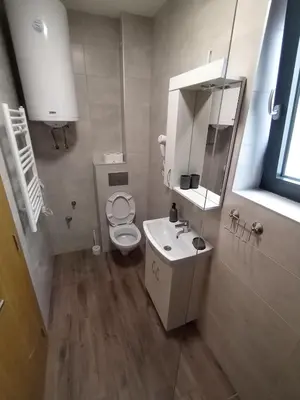 a bathroom with a toilet and a sink and a mirror at Apartman Ida in Soko Banja