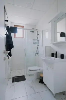 a bathroom with a shower and a toilet and a sink at Terra Apartments in Vrnjačka Banja