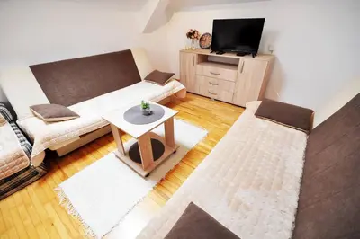 a living room with a couch and a tv at Apartman Dačić in Vrnjačka Banja