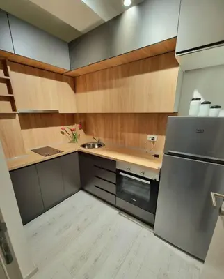 a small kitchen with a refrigerator and a sink at Apartman Rojal Vranje in Vranje