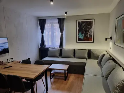 a living room with a couch and a table at AURORA Bela reka C117, Brzeće in Brzeće