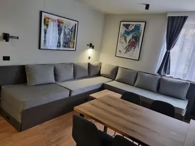 a living room with a couch and a table at ALEGRA Bela reka C118, Brzeće in Brzeće