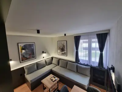 a living room with a couch and a window at ANIMA Bela reka C121, Brzeće in Brzeće