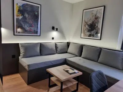 a living room with a couch and a table at ANIMA Bela reka C121, Brzeće in Brzeće