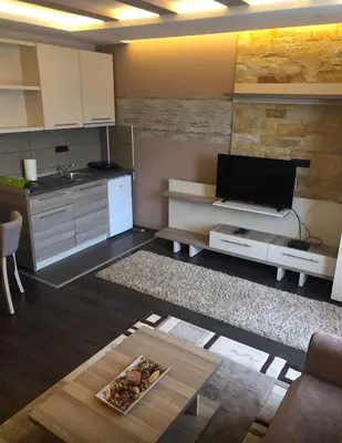 a living room with a tv and a kitchen at Apartman na Kopaoniku in Kopaonik
