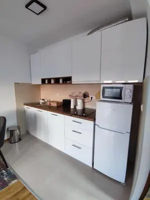 a kitchen with white cabinets and a microwave at Apartman Desanka in Vrnjačka Banja