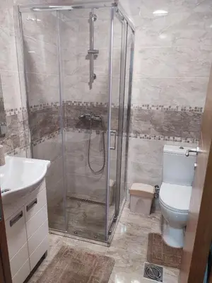 a bathroom with a shower and a toilet at Apartman Desanka in Vrnjačka Banja