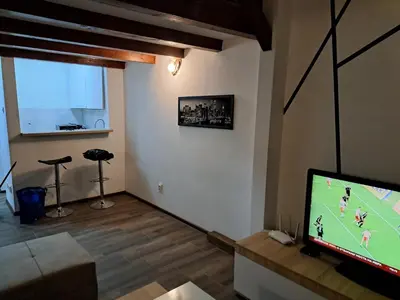a living room with a tv with a soccer game on the screen at Daka in Vrnjačka Banja