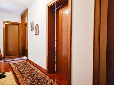 a hallway with a wooden door and a rug at Apartman 5ra in Vrnjačka Banja