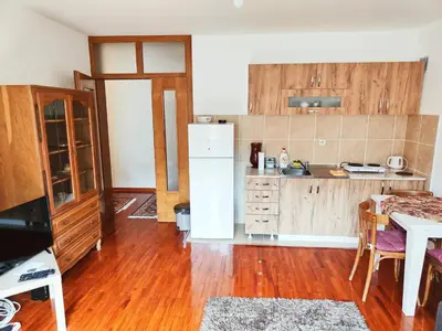 a kitchen with wooden floors and a white refrigerator at Apartman 5ra in Vrnjačka Banja