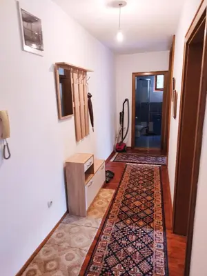 a hallway with a room with a door and a rug at Apartman 5ra in Vrnjačka Banja
